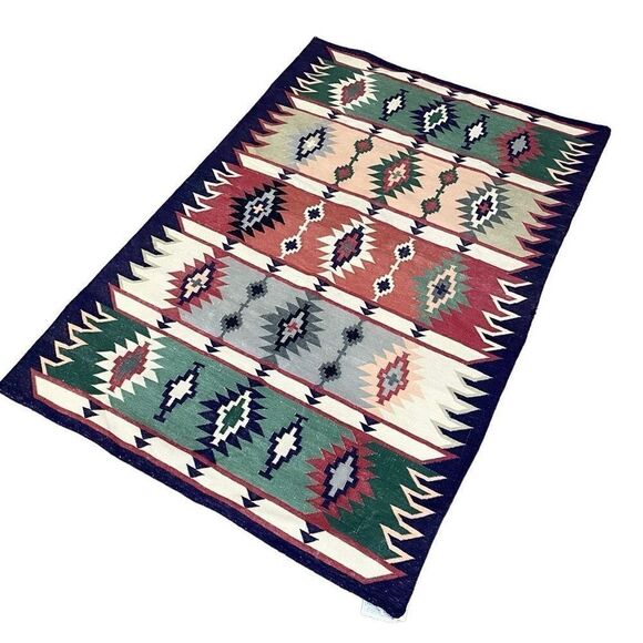 Pier 1 Imports Turkish Kilim Aztec Cotton Rare Area Rug Carpet Blue Boho Native - Picture 1 of 8